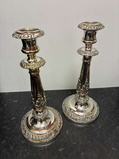 Pair Old Sheffield Plate Candlesticks 12 in Antique Georgian
