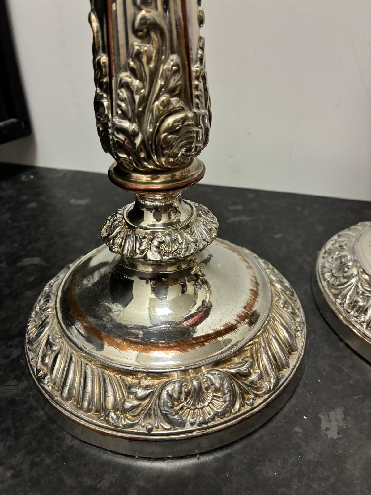 Pair Old Sheffield Plate Candlesticks 12 in Antique Georgian