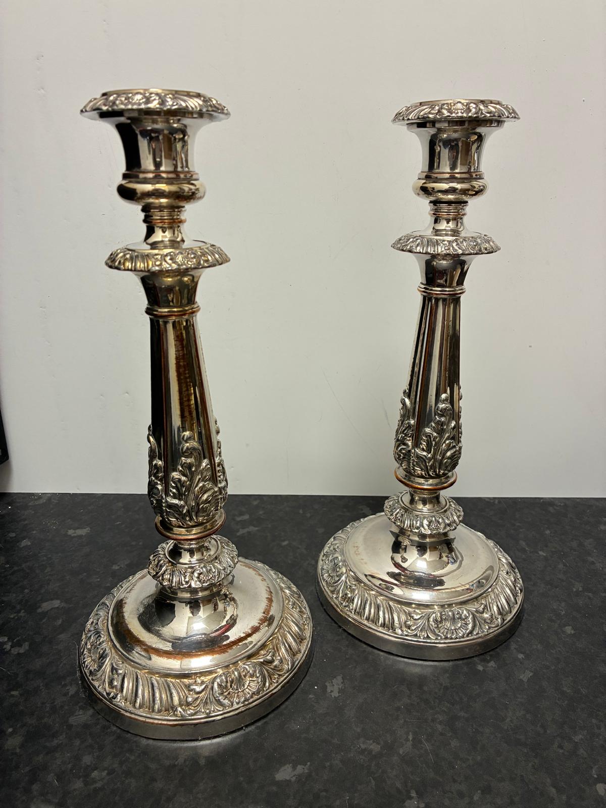 Pair Old Sheffield Plate Candlesticks 12 in Antique Georgian