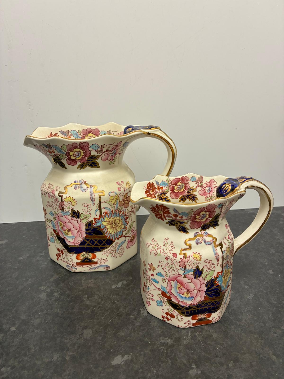 Pair Mason's Ironstone Brocade Vintage Pitchers