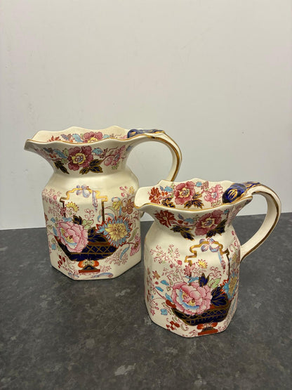 Pair Mason's Ironstone Brocade Vintage Pitchers
