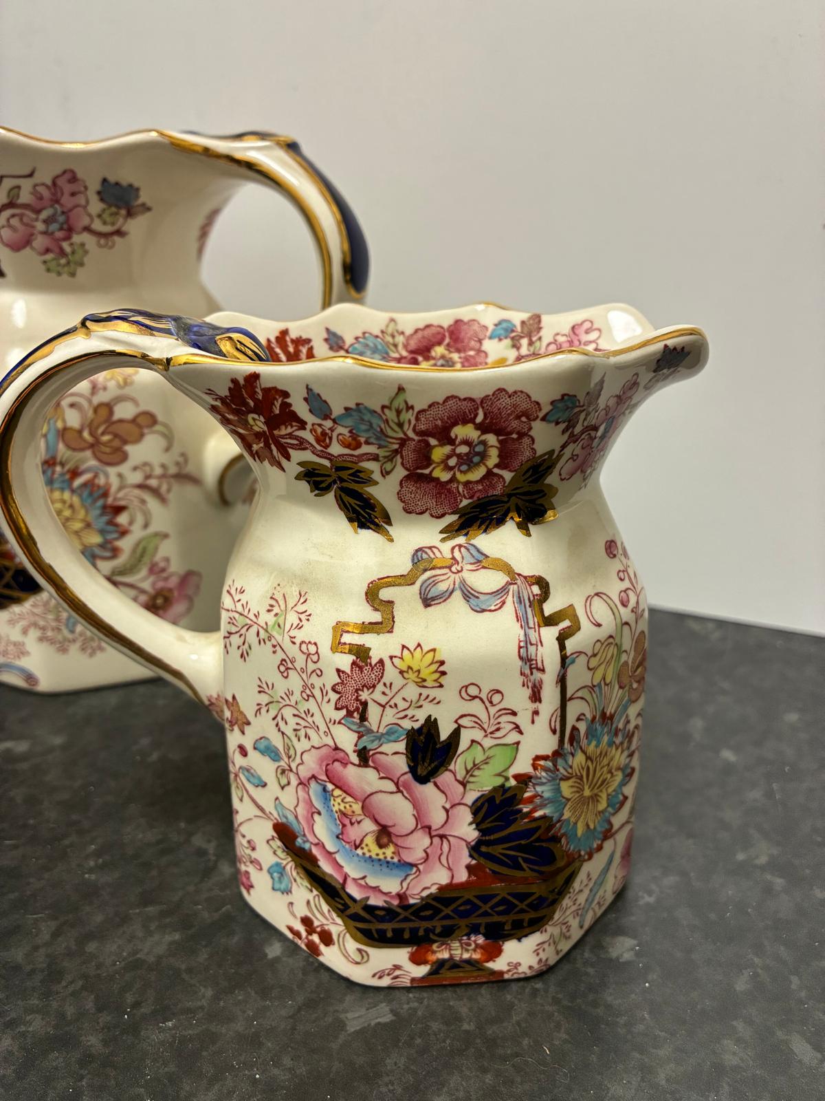 Pair Mason's Ironstone Brocade Vintage Pitchers