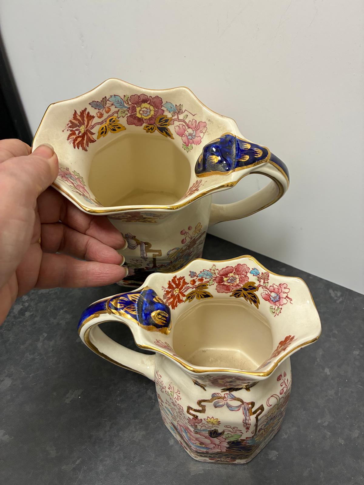 Pair Mason's Ironstone Brocade Vintage Pitchers