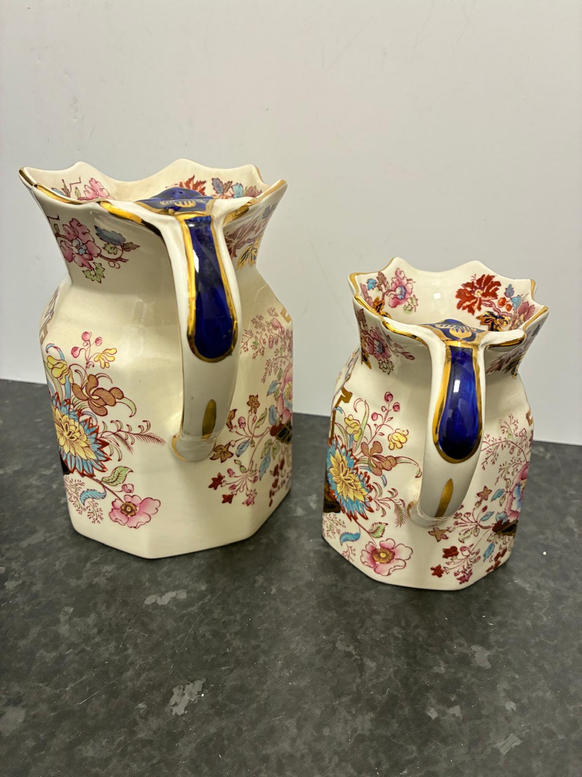 Pair Mason's Ironstone Brocade Vintage Pitchers