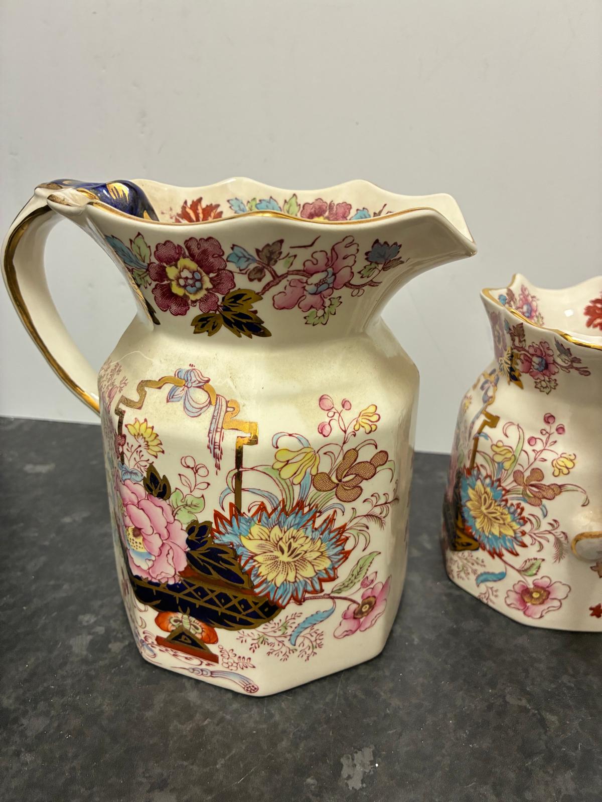 Pair Mason's Ironstone Brocade Vintage Pitchers