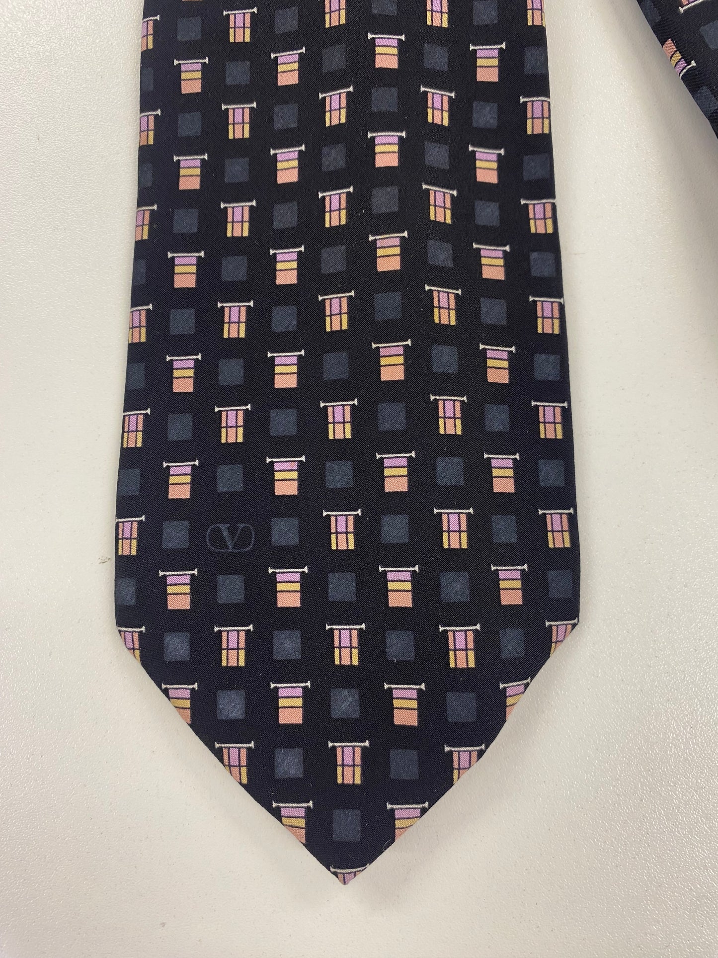 Vintage Valentino Black Square Pattern Silk Tie