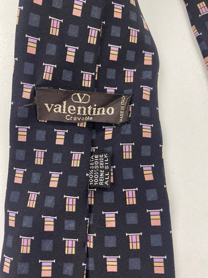 Vintage Valentino Black Square Pattern Silk Tie