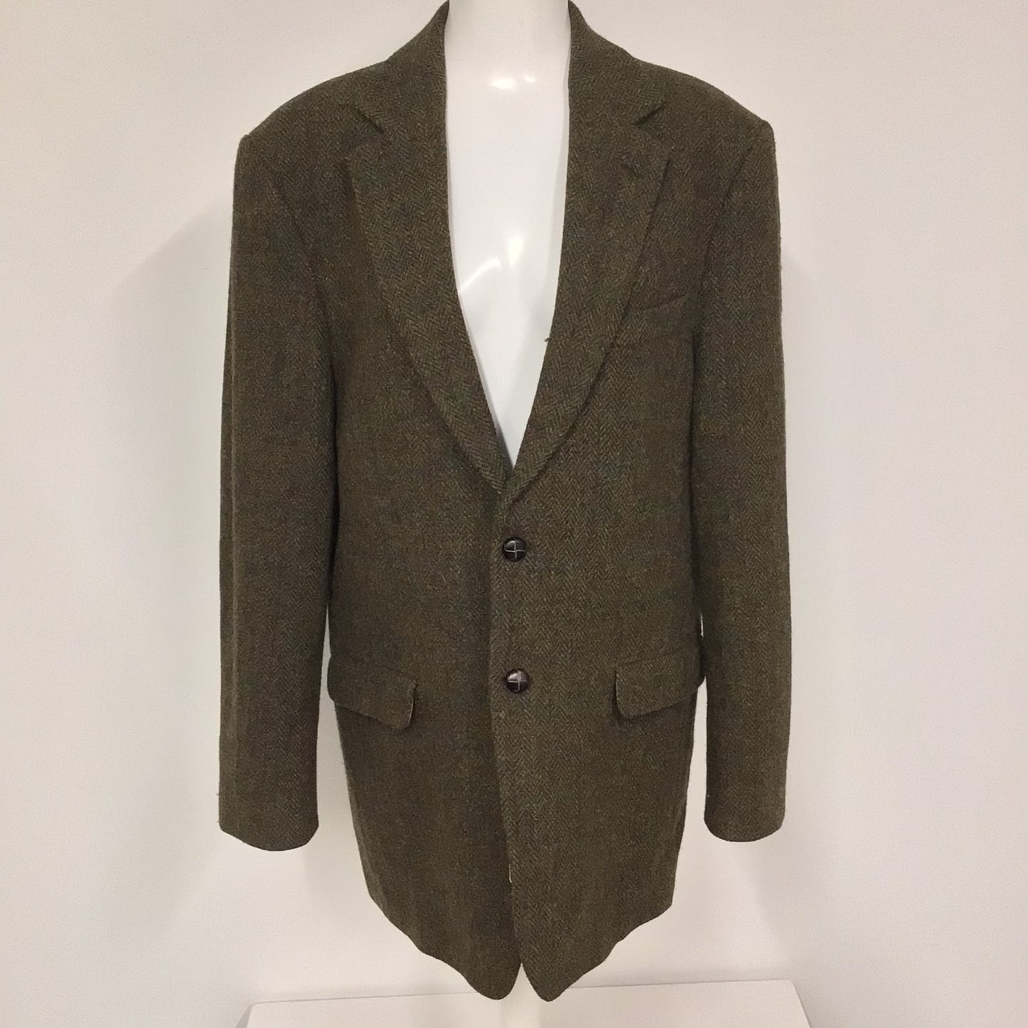 M&S Tailoring Harris Tweed Olive Green Herringbone Blazer Jacket Size 42L