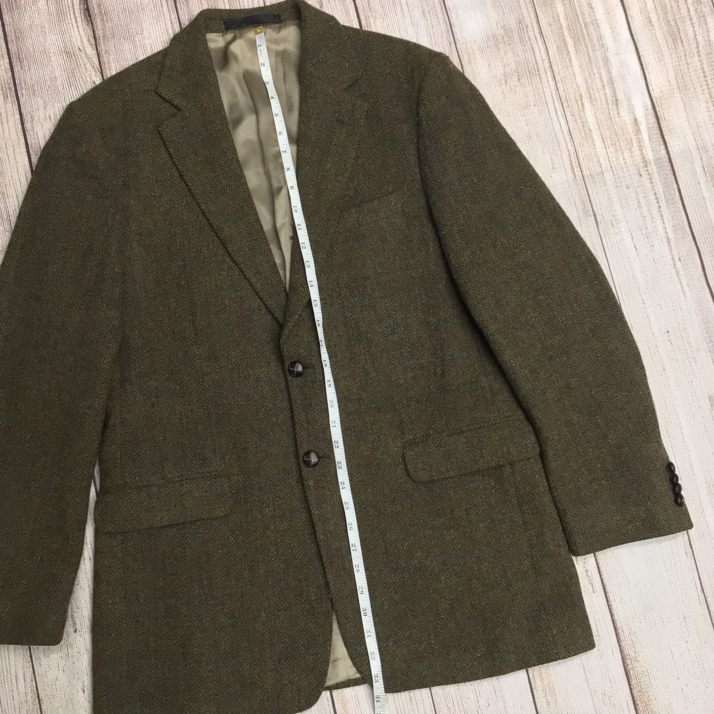 M&S Tailoring Harris Tweed Olive Green Herringbone Blazer Jacket Size 42L