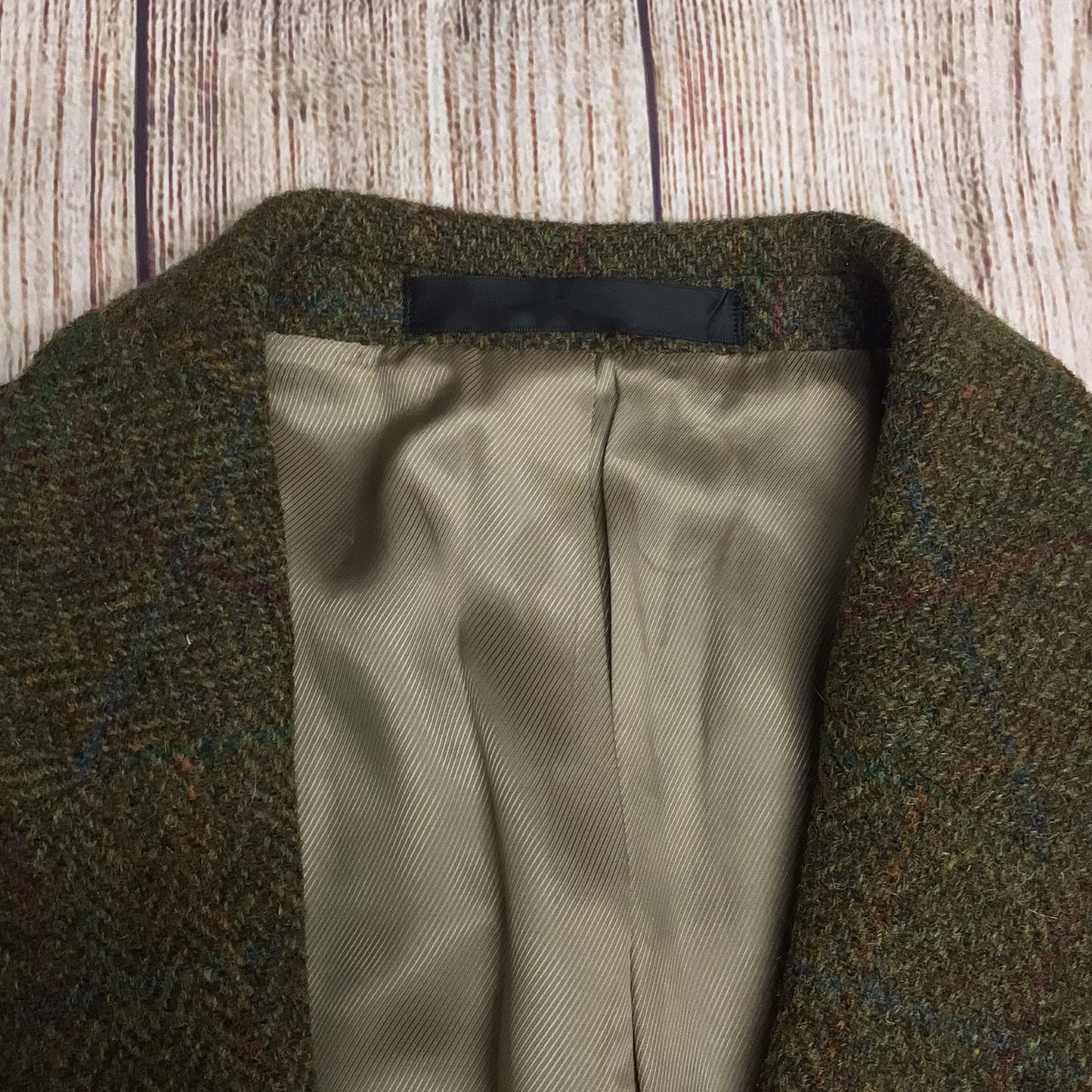 M&S Tailoring Harris Tweed Olive Green Herringbone Blazer Jacket Size 42L