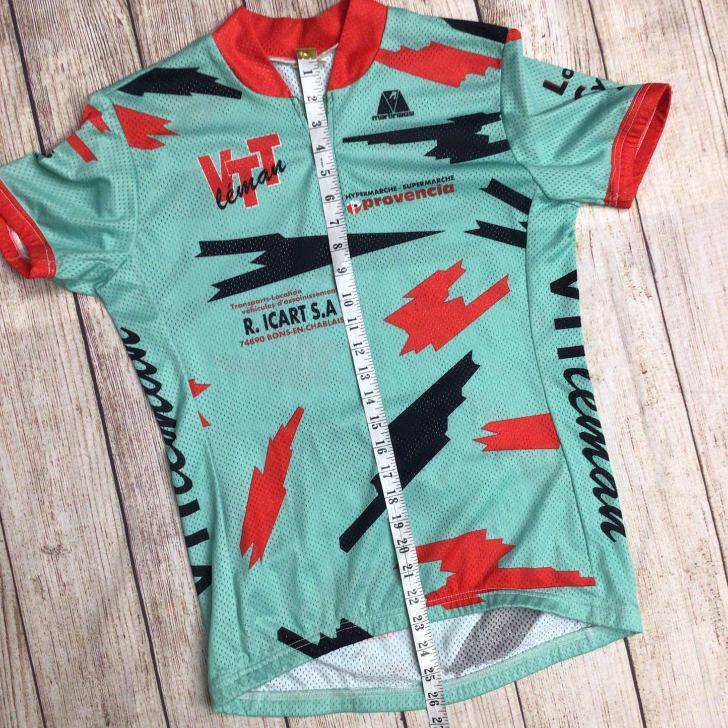 Vintage Martinage Made in France Mint Green & Red Cycling Top Size Ch38" (approx.)