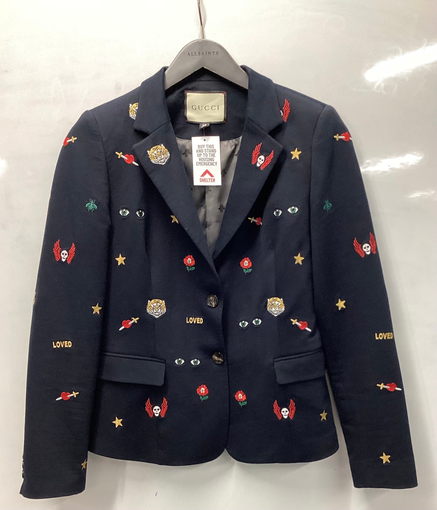 Gucci Women's Navy Blue Embroidered Wool Blazer Medium