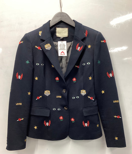 Gucci Women's Navy Blue Embroidered Wool Blazer Medium