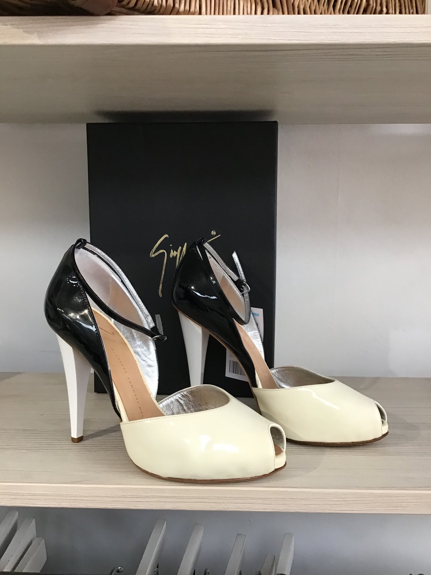 Giuseppe Zanotti Black White and Cream High Heel Platform Sandal Size 38 / UK 5