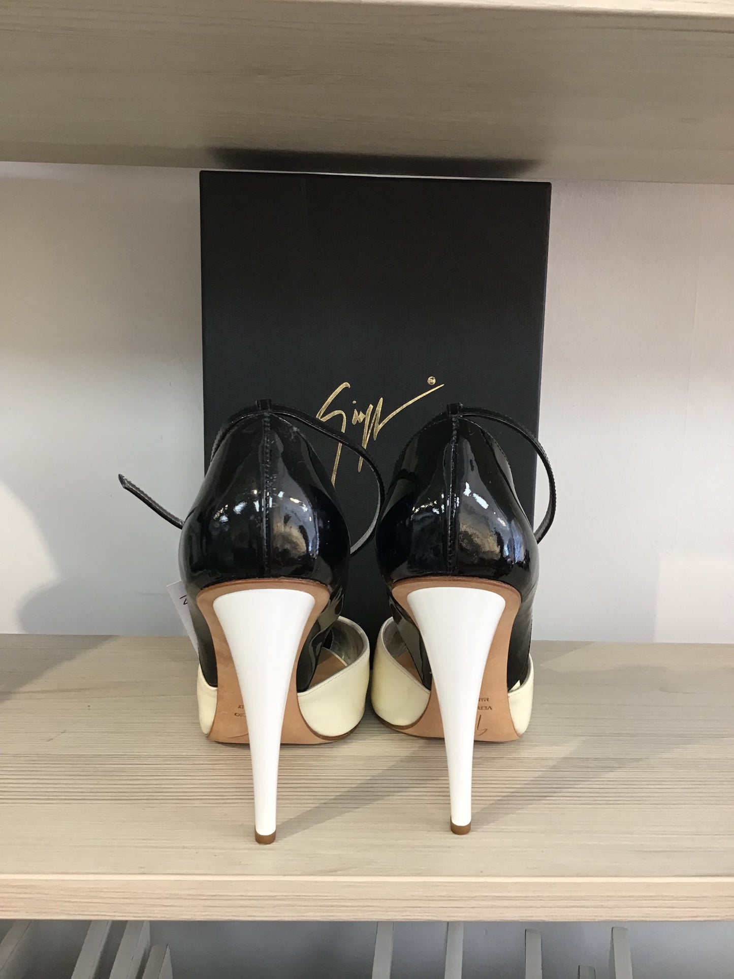 Giuseppe Zanotti Black White and Cream High Heel Platform Sandal Size 38 / UK 5