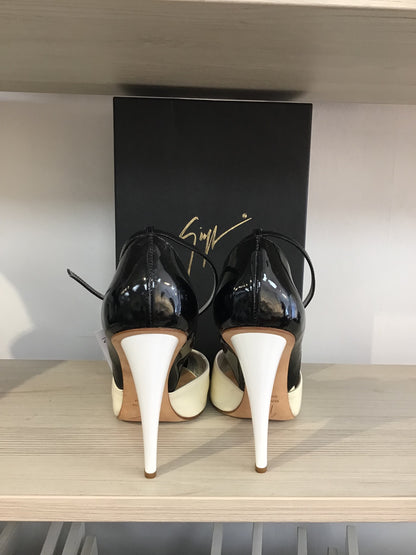 Giuseppe Zanotti Black White and Cream High Heel Platform Sandal Size 38 / UK 5