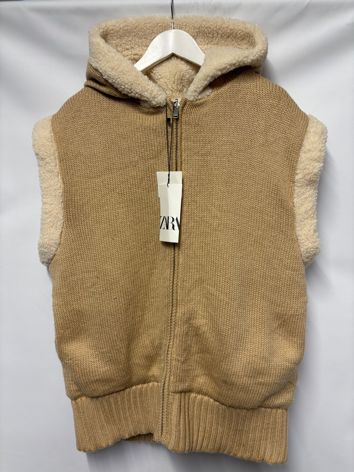 Zara Beige and Cream Reversible Knitted Teddy Gillet Medium