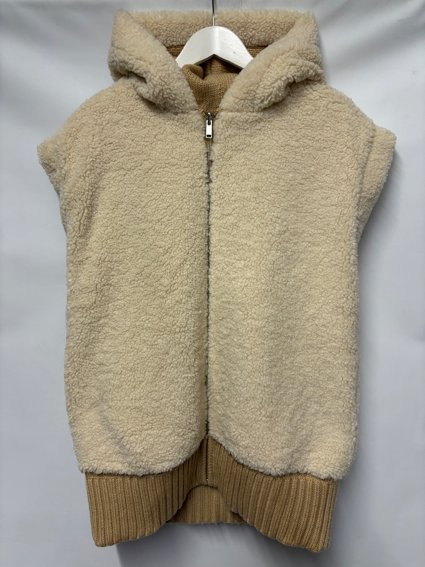 Zara Beige and Cream Reversible Knitted Teddy Gillet Medium