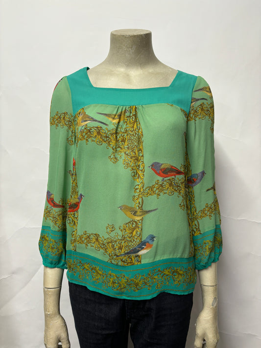 Vanessa Virginia Green Silk Bird Print Blouse 4