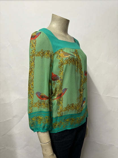 Vanessa Virginia Green Silk Bird Print Blouse 4