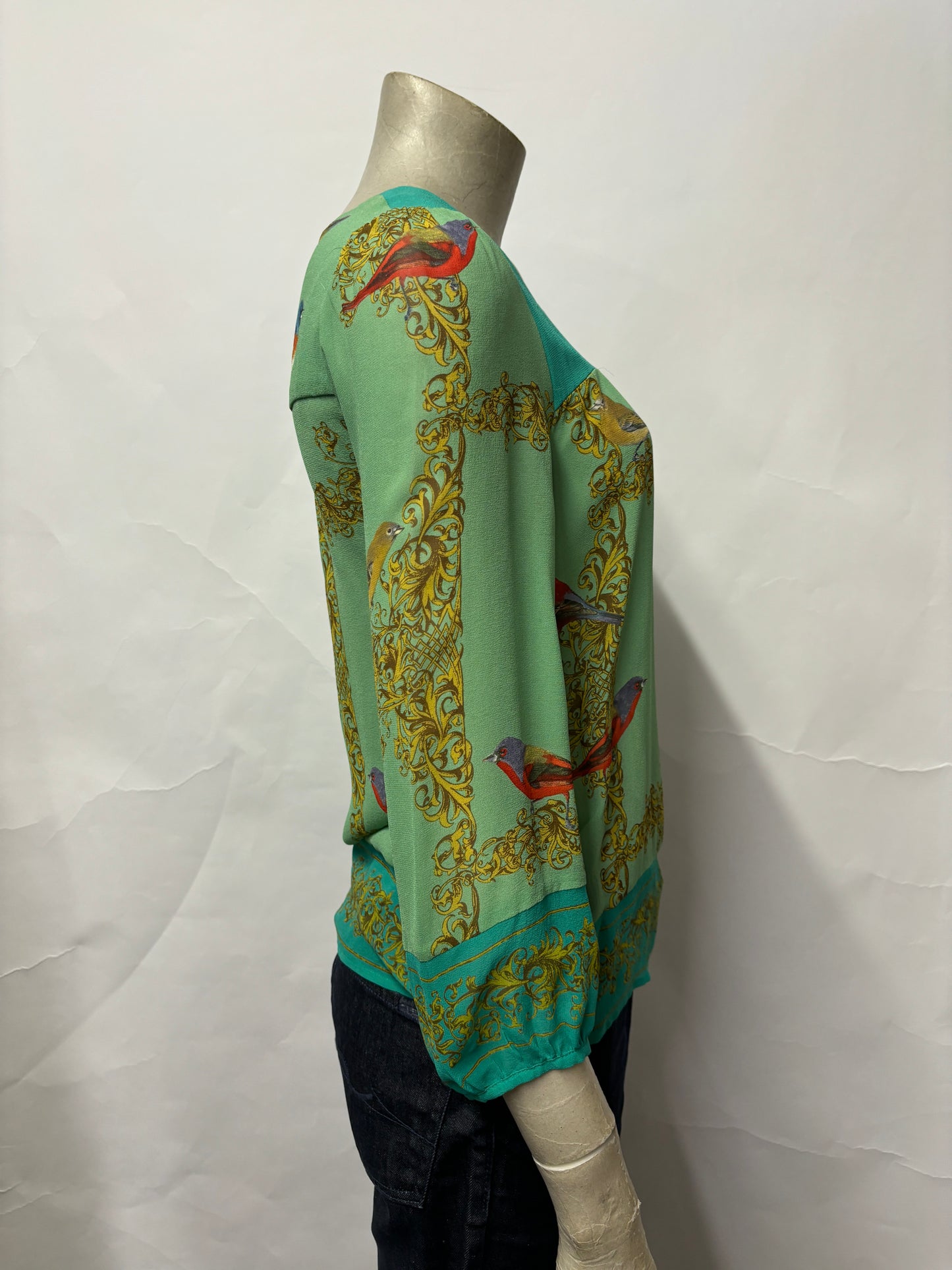 Vanessa Virginia Green Silk Bird Print Blouse 4