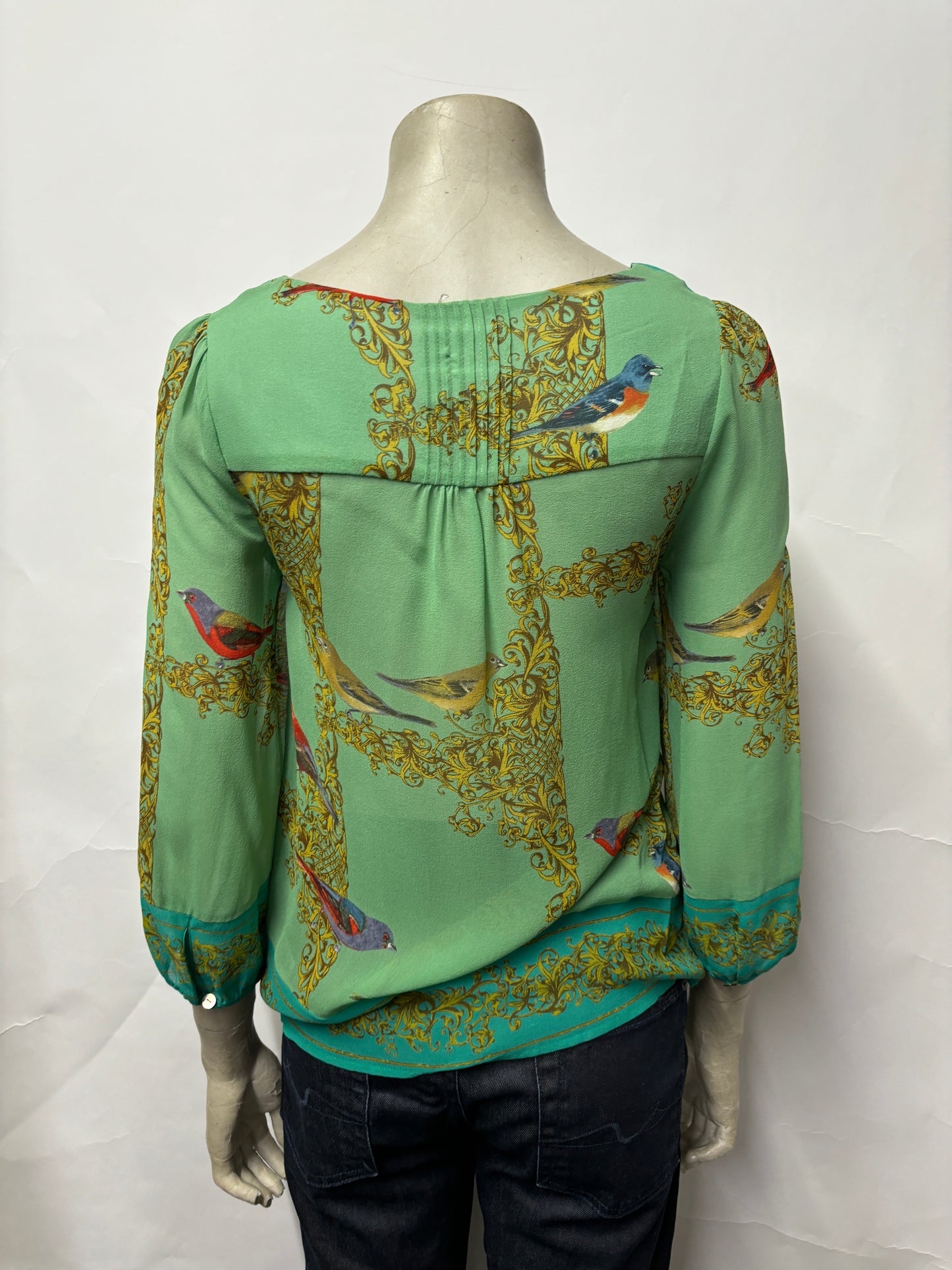 Vanessa Virginia Green Silk Bird Print Blouse 4