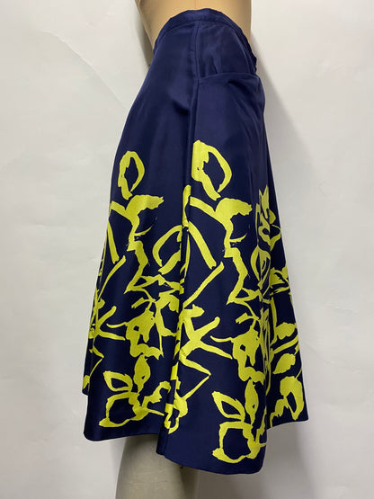Hobbs Navy and Green Floral Silk A-line Knee Length Skirt Small