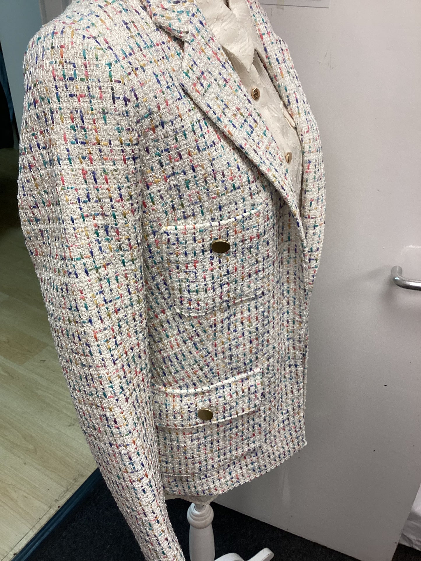 Women’s M&S Jacket - White with Colourful Flakes, Size UK8