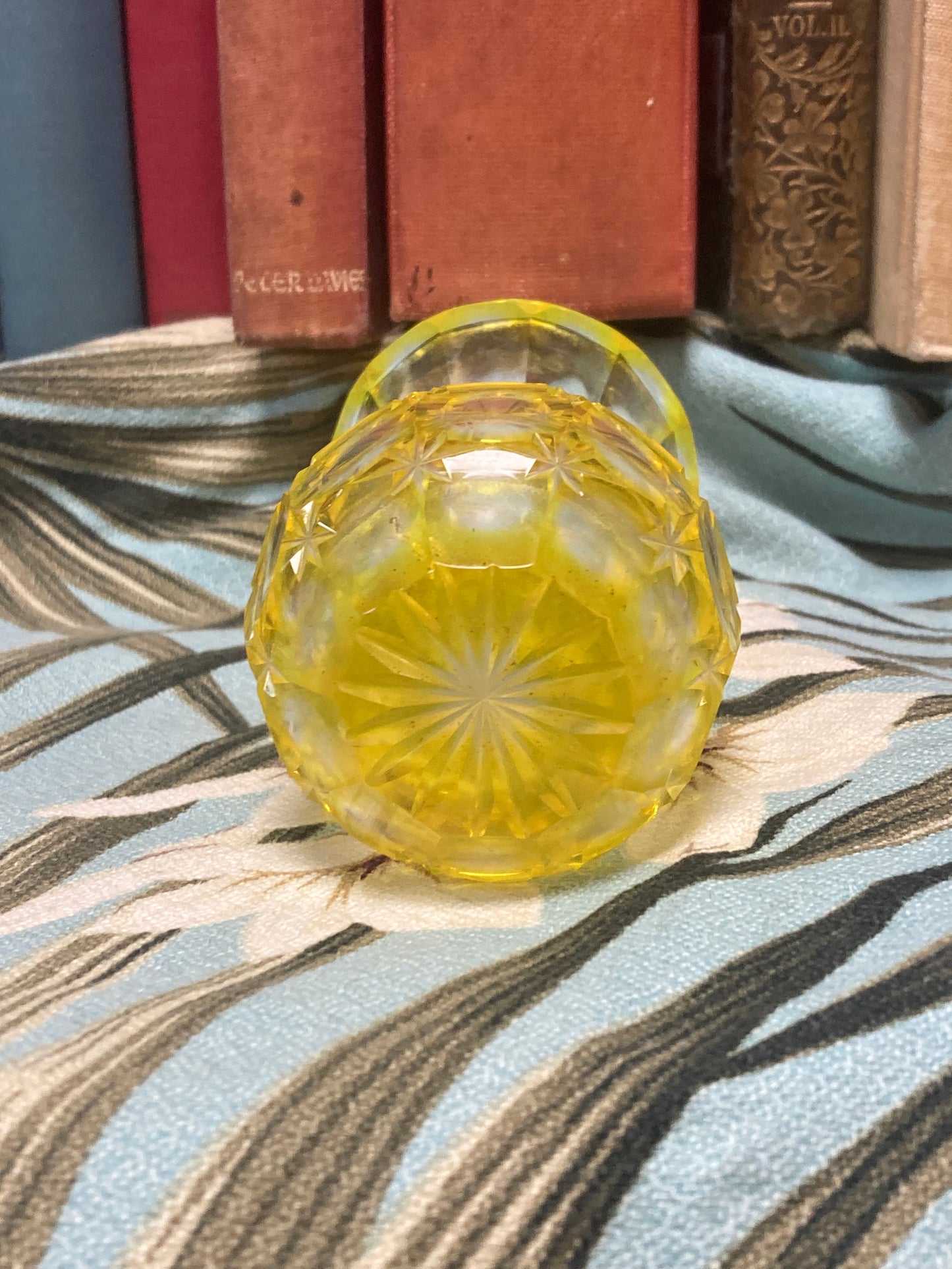 Shimadzu Yellow Satsuma Kiriko Cut Glass Sake Bottle 4"