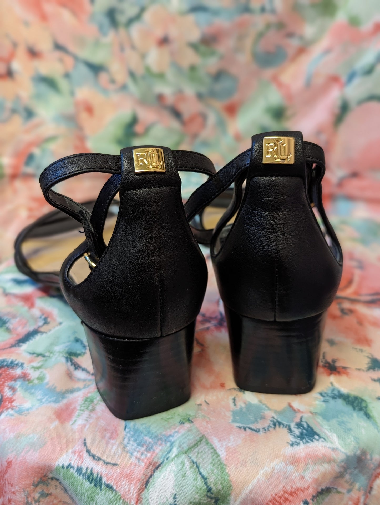Ralph Lauren Black Leather Strappy Low Heel Sandals Size 6