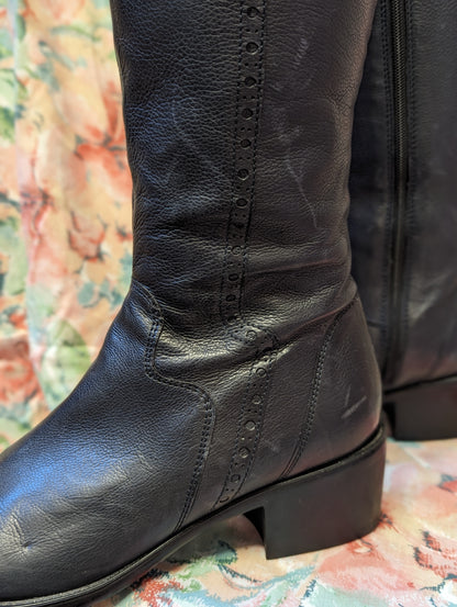 Freeflex Ladies Flat Black Leather Tall Knee High Boots Size UK6 EU39 Good Condition