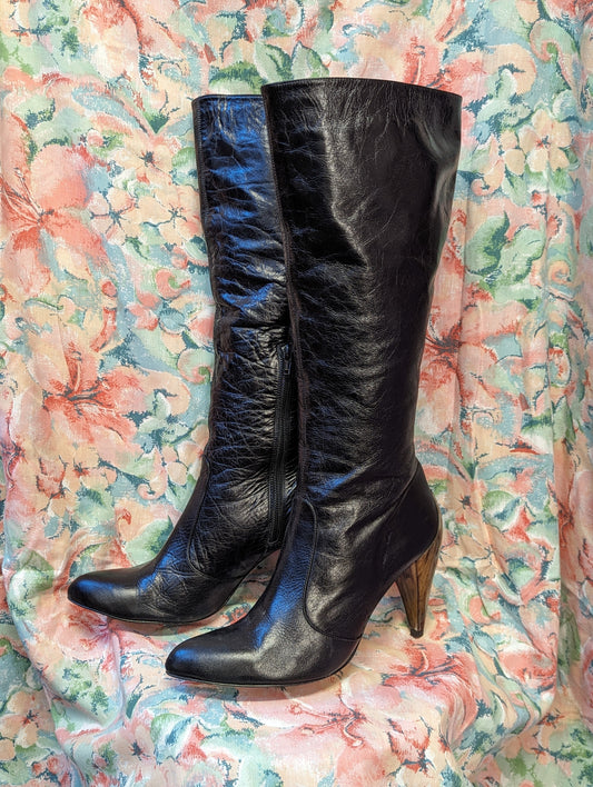 Kurt Geiger Ladies Black Leather High Heel Knee High Boots UK Size 8 Good Condition