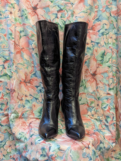 Kurt Geiger Ladies Black Leather High Heel Knee High Boots UK Size 8 Good Condition