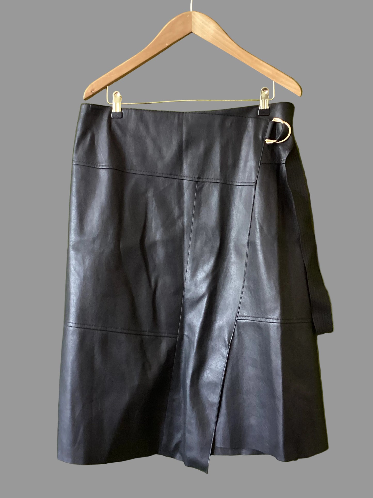 Karen Millen Black Side Belted Faux Leather Skirt Size 16