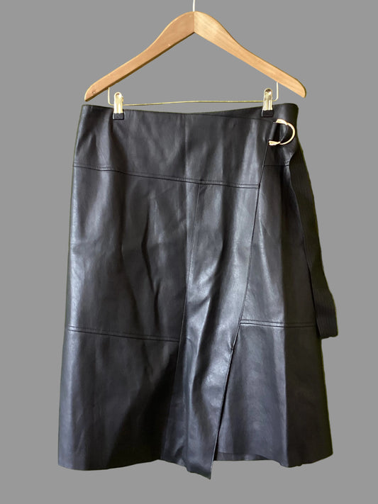 Karen Millen Black Side Belted Faux Leather Skirt Size 16