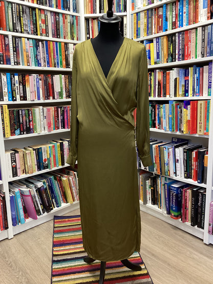Women’s - REISS, Olive, Renae Satin Wrap LS Dress, Size 8