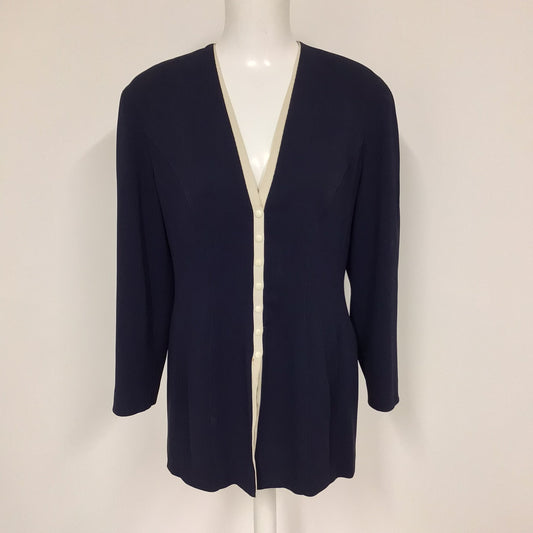 Vintage Mugler Navy Blue Collarless Blazer Jacket w/Cream Button Detail Size M