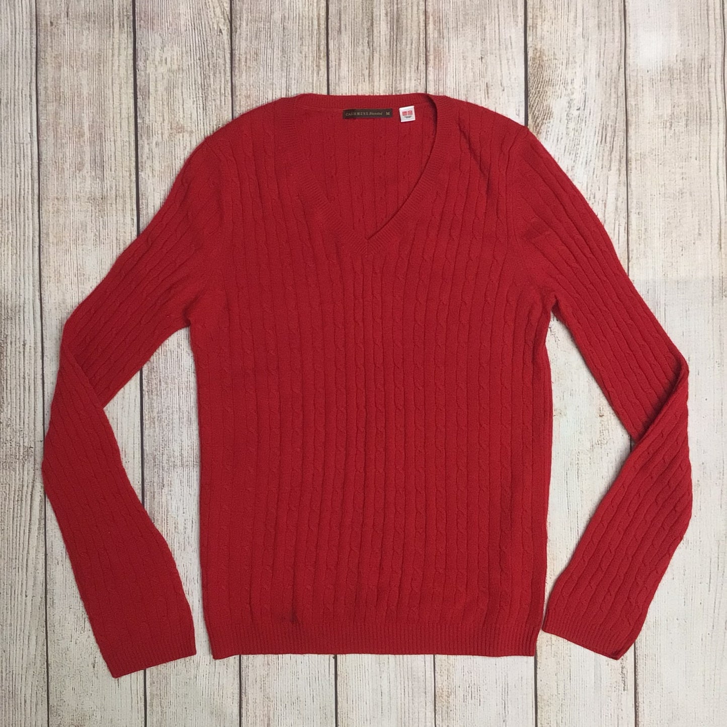 Uniqlo Red Cable Knit Wool & Cashmere Blend V Neck Jumper Size M