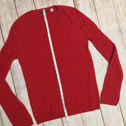 Uniqlo Red Cable Knit Wool & Cashmere Blend V Neck Jumper Size M