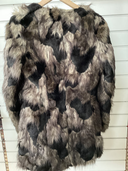 Karen Millen Black Brown Faux Fur Coat Size 12