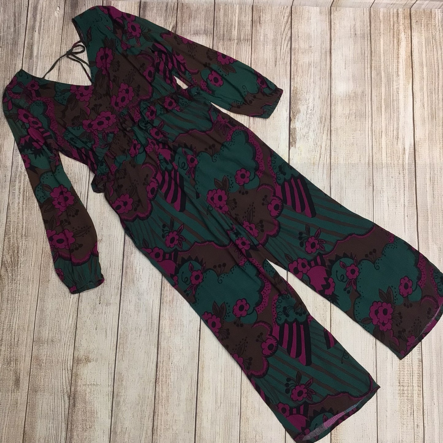 Next Celia Birtwell Purple, Green Floral Print Ruffle Jumpsuit w/Pockets Size 10