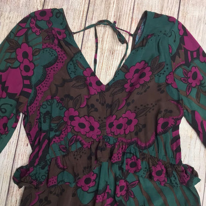 Next Celia Birtwell Purple, Green Floral Print Ruffle Jumpsuit w/Pockets Size 10