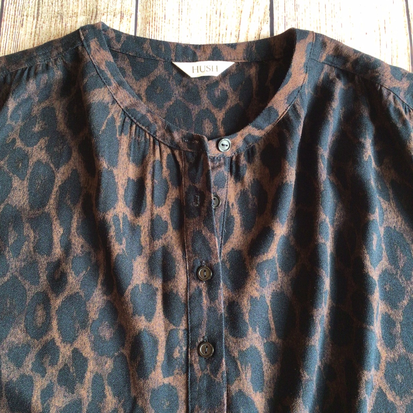 Hush Brown Animal Print Half Button Up Blouse Size 6 UK