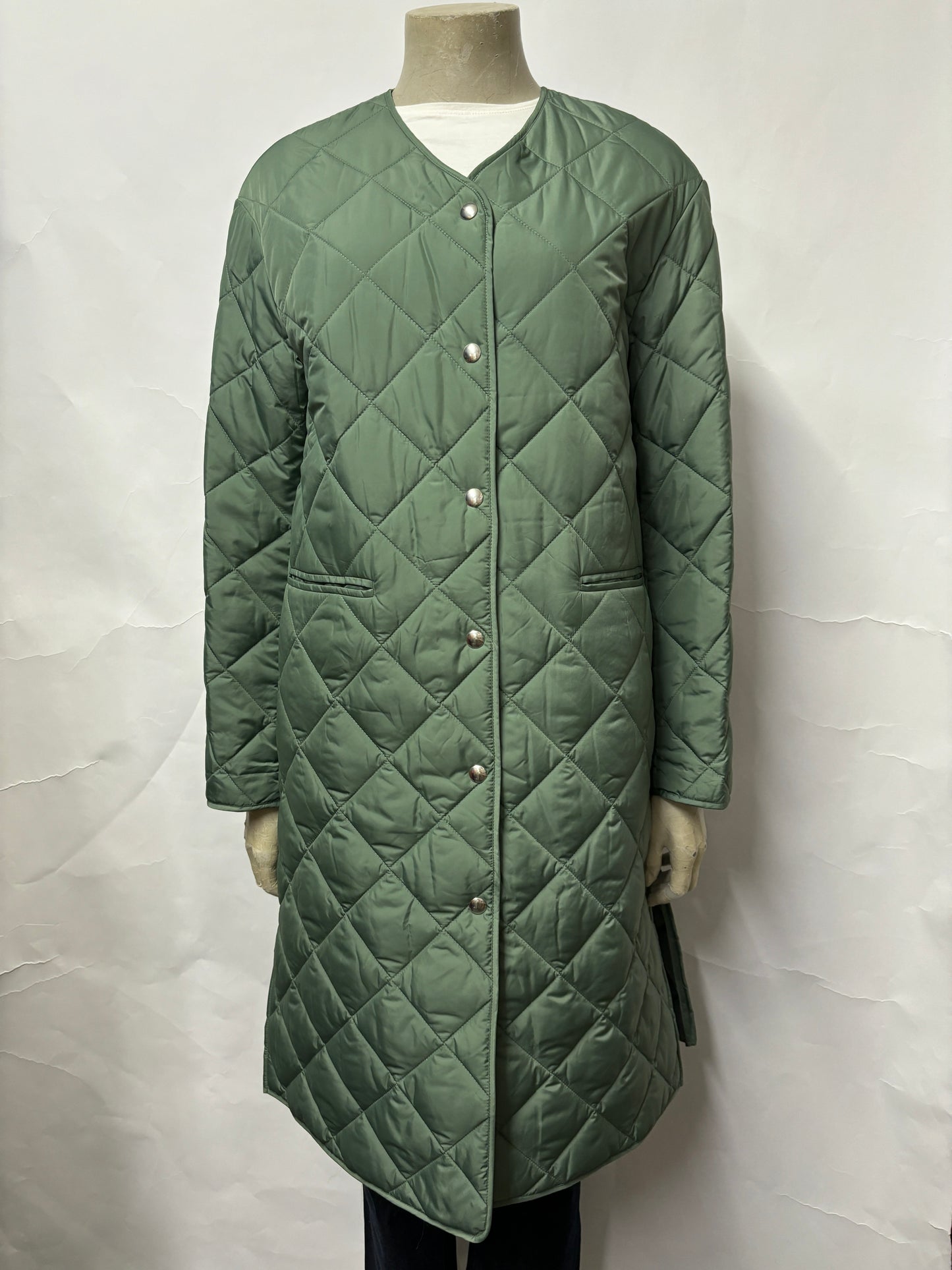 ARKET Green Quilted Long Line Over Coat XS