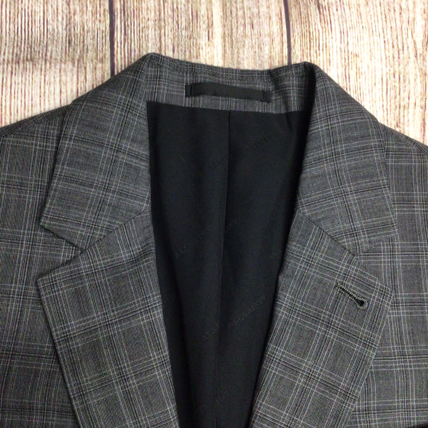 AllSaints Charcoal Grey Check Print Wool Blend Thin Blazer Jacket Size Ch40" (approx.)