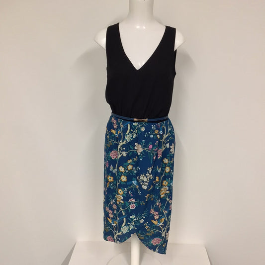 Oasis V&A Black & Blue V Neck High-Low Dress w/Bird Floral Print Skirt & Belt Size 10