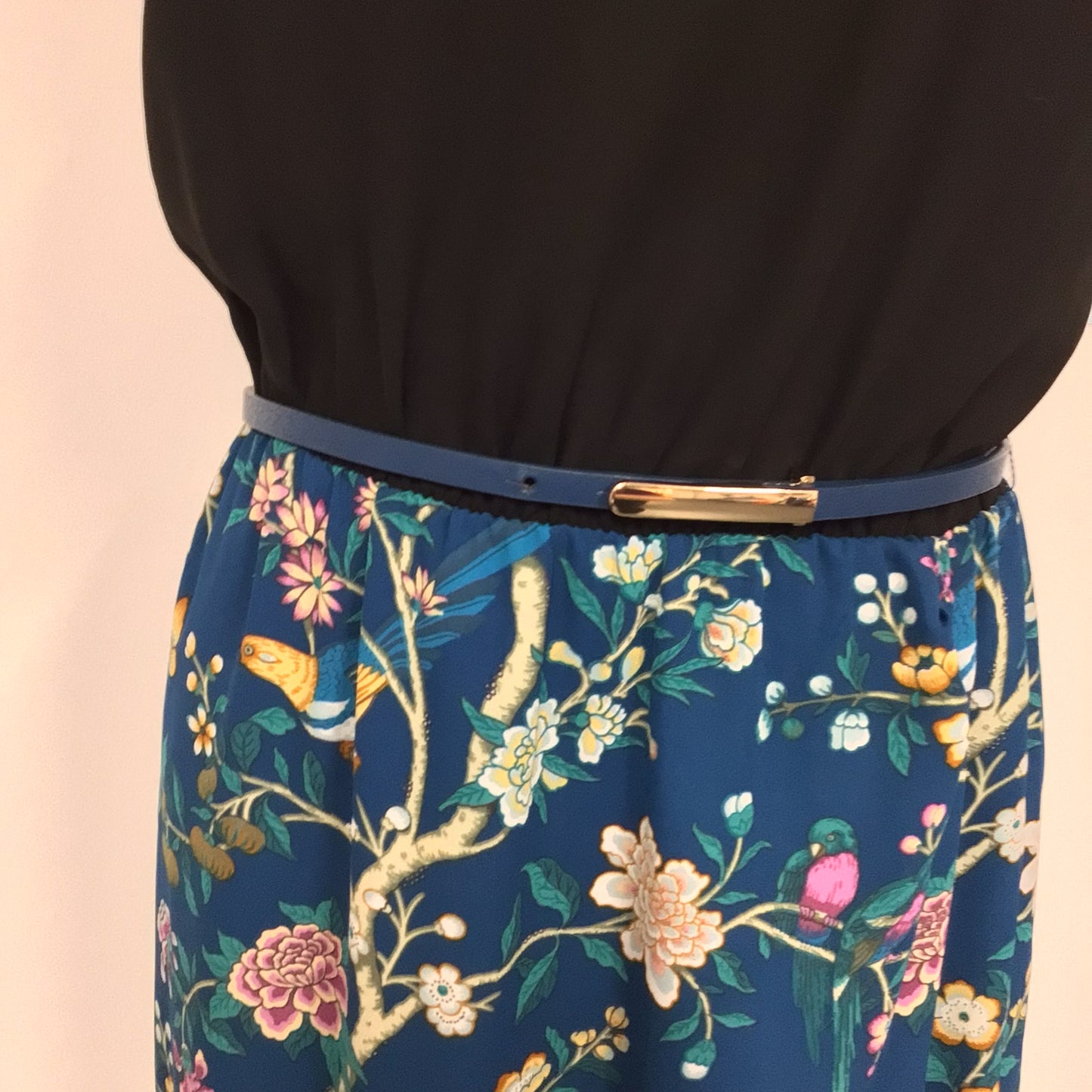 Oasis V&A Black & Blue V Neck High-Low Dress w/Bird Floral Print Skirt & Belt Size 10