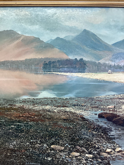 Arthur Terry Blamires Oil Painting of Calfclose Bay and Causey Pike Derwentwater 1984