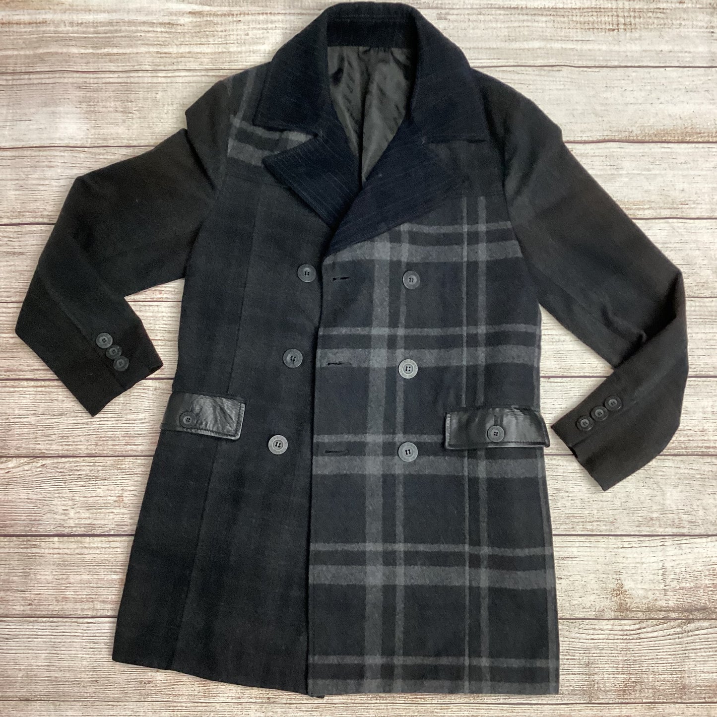 Desigual Grey Navy Checked 100% Cotton Double Breasted Coat Size 52