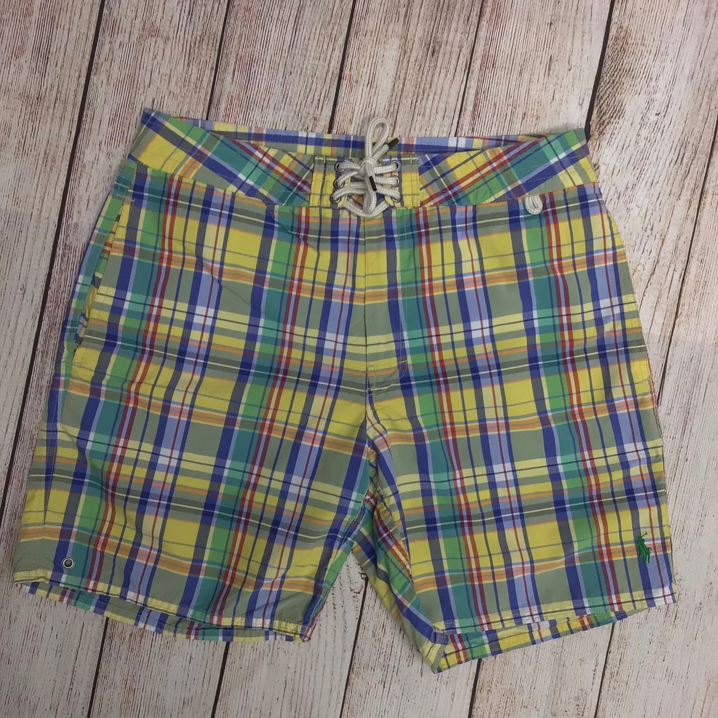 Polo Ralph Lauren Yellow & Green Checked Pattern Swimming Trunks Shorts Size 32